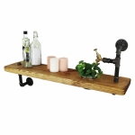 Reclaimed wooden shelf with raw steel industrial pipe brackets and decorative tap detailing