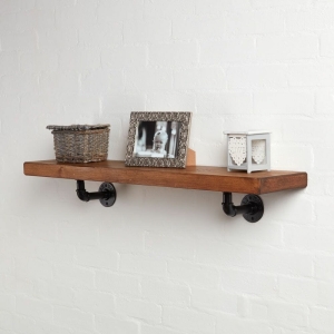 Powder coated black shelf brackets industrial pipe reclaimed wood shelf