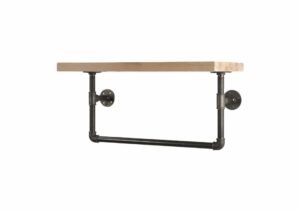 Raw steel industrial pipe shelf brackets and hanging rail with reclaimed wood