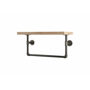 Raw steel industrial pipe shelf brackets and hanging rail with reclaimed wood