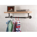 reclaimed wooden shelf with industrial steel pipe brackets and clothes rail