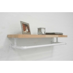 reclaimed wood shelf with industrial steel pipe brackets and hanging clothes rail