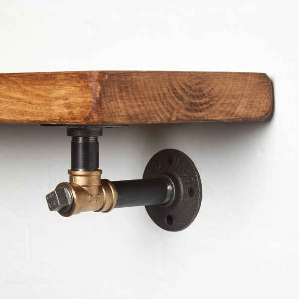 Raw steel brass tee nut industrial shelf brackets reclaimed wood shelf