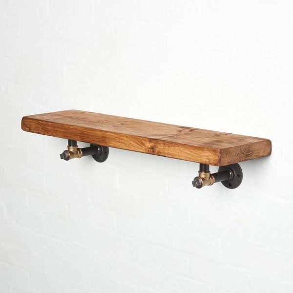 Raw steel and brass tee nut industrial style shelf brackets reclaimed wood shelf