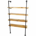 Wall and floor mounted industrial pipe shelving unit raw steel with reclaimed wood shelves