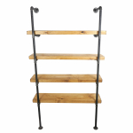 Wall and floor mounted industrial pipe shelving unit raw steel with reclaimed wood shelves