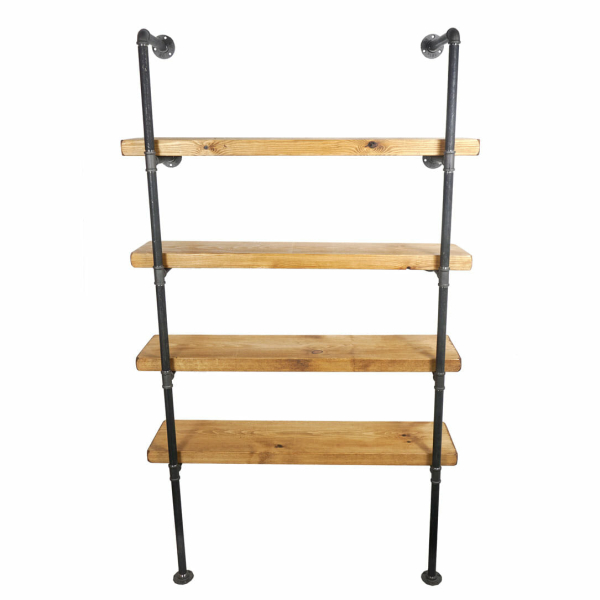 Wall and floor mounted industrial pipe shelving unit raw steel with reclaimed wood shelves