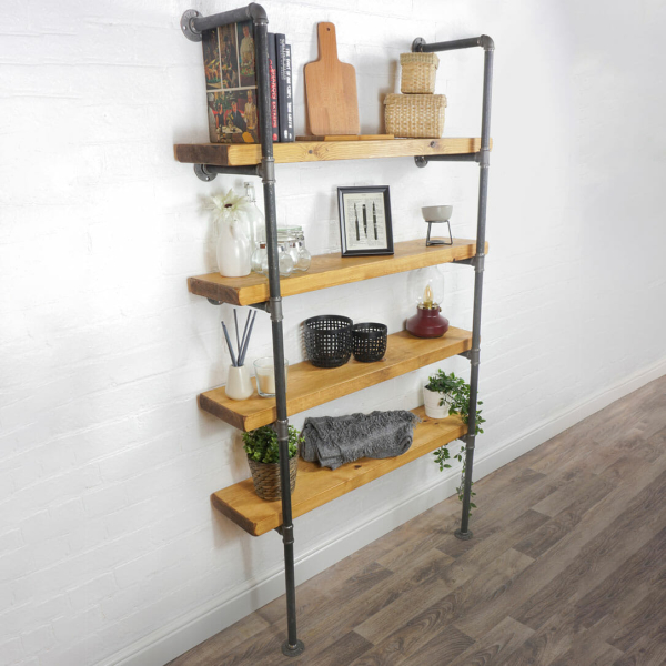 Wall and floor mounted industrial pipe shelving unit raw steel with reclaimed wood shelves