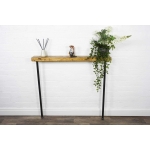 Console table with black steel industrial pipe legs and reclaimed wood tops