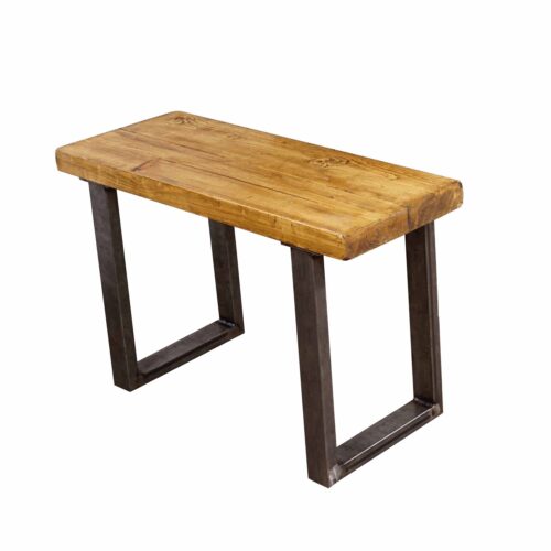 reclaimed wooden bench with raw steel black legs