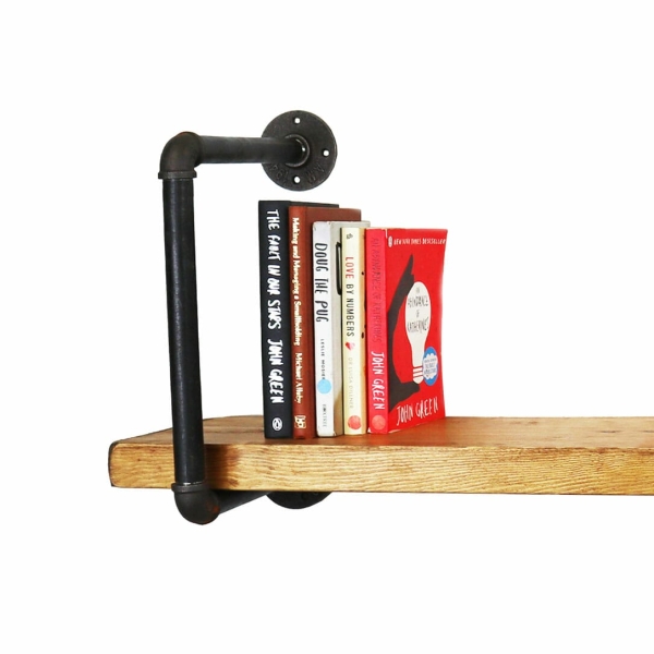 Industrial black pipe d shape shelf bracket close up