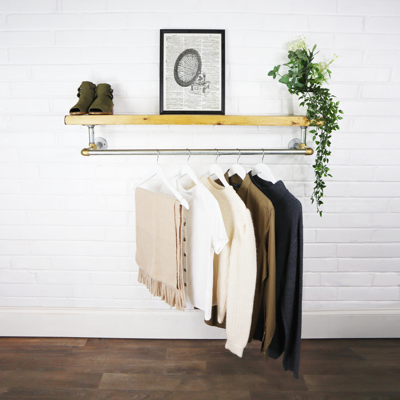 Elbow Clothes Rail With Solid Wooden Shelf | Industrial Silver Steel ...