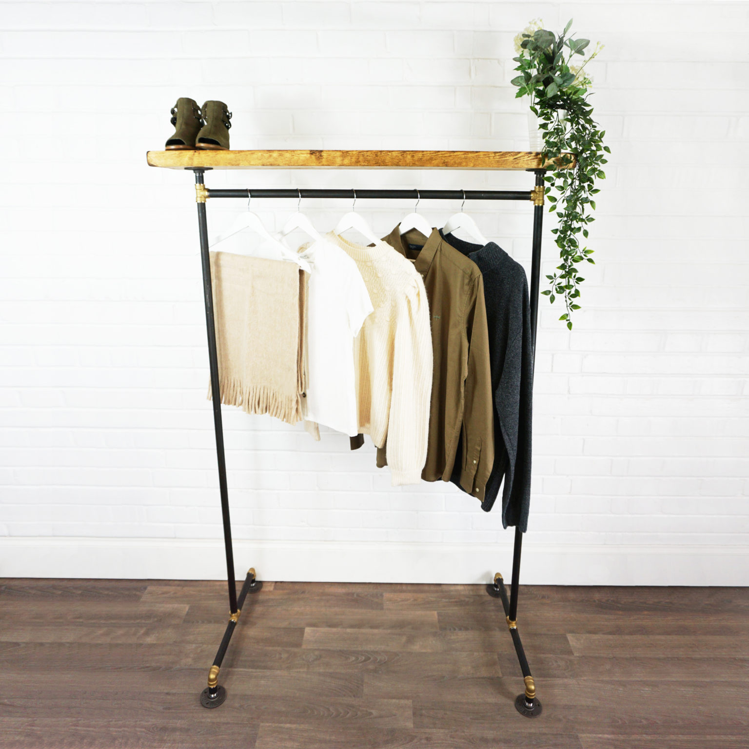Free Standing Clothing Rail with Wooden Shelf | Industrial Raw Steel ...