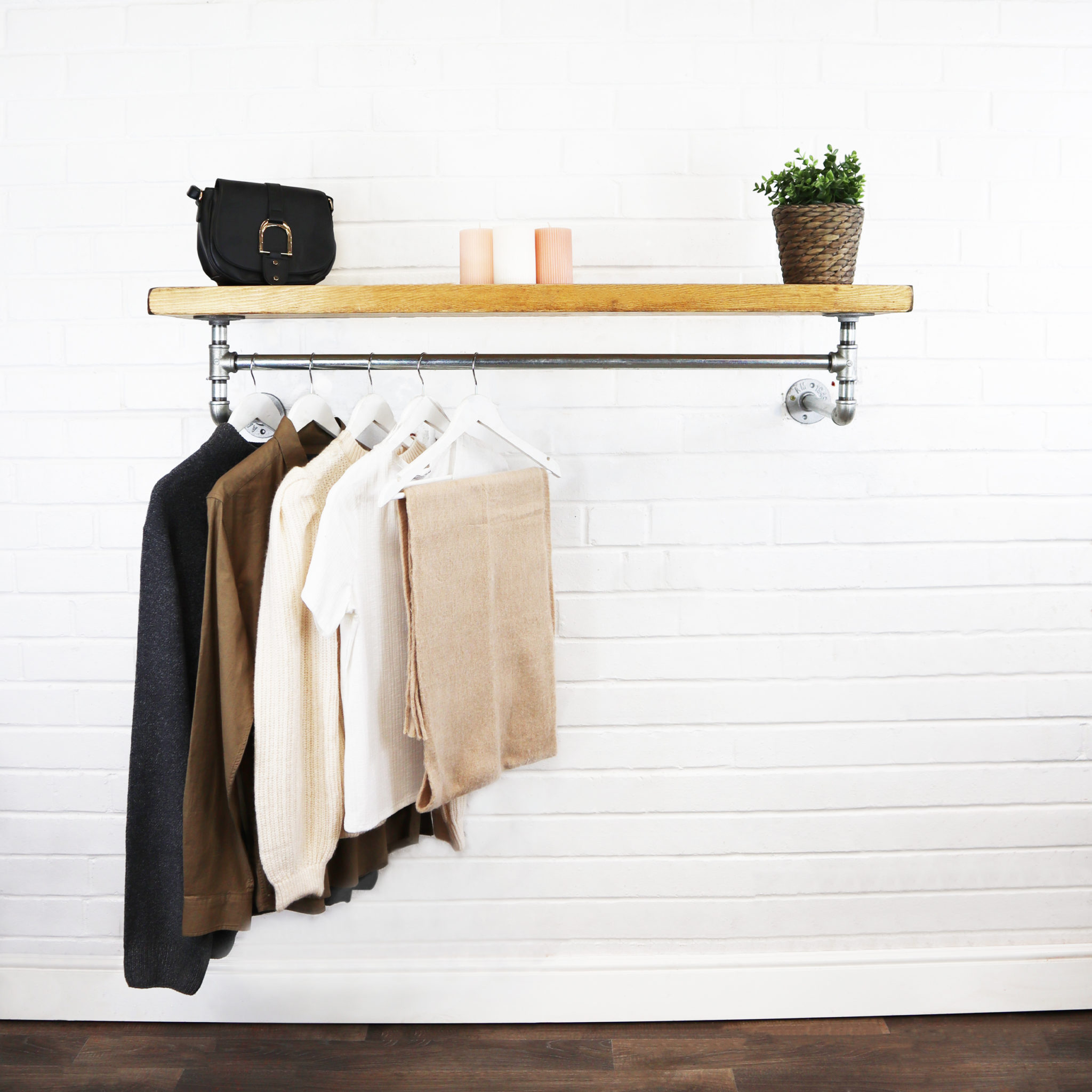 Wall Mounted Clothes Rail With Floating Shelf | Industrial Silver Steel ...