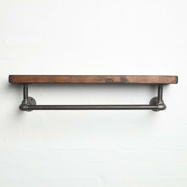 raw steel industrial pipe shelf with elbows, hanging rail and dark wood reclaimed shelf