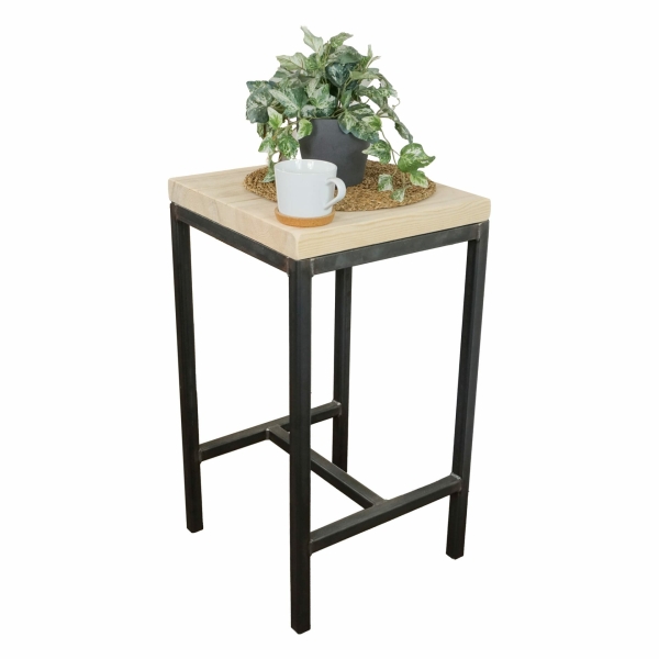 high bar table stool with steel black legs and reclaimed wooden seat