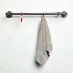 raw steel industrial pipe double towel rail with red hooks