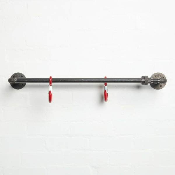 raw steel industrial pipe double towel rail with red hooks