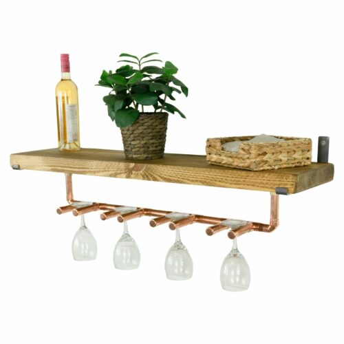 reclaimed wood shelf with copper industrial pipe wine glass holder