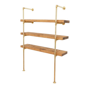 Floor Mounted Shelving Unit with Reclaimed Wooden Shelves | Industrial Brass Pipe Style