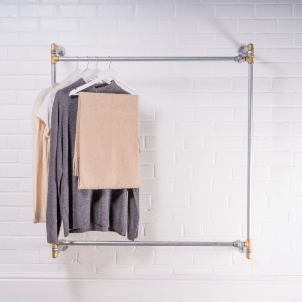 Wall-Mounted-Square-Two-Tiered-Clothing-Rail-Industrial-Silver-and-Brass-Pipe-Style-3