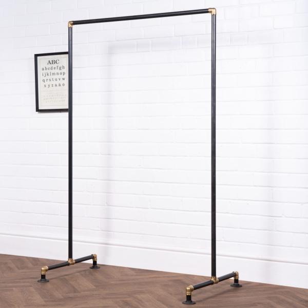 Free-Standing-Clothing-Rail-Industrial-Raw-Steel-and-Brass-Pipe-Style-6