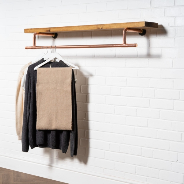 Tee-Clothes-Rail-With-Solid-Wooden-Shelf-Industrial-Copper-Pipe-Style-2