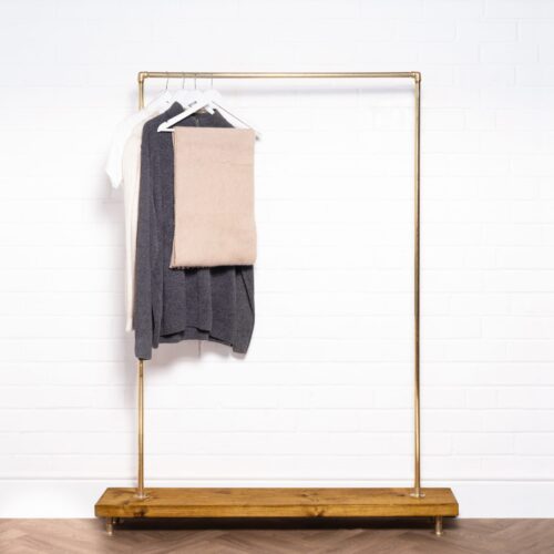 Free-Standing-Clothing-Rail-on-Wooden-Base-Solid-Brass-Pipe-Style-3