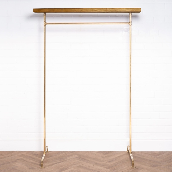 Free-Standing-Clothing-Rail-with-Wooden-Shelf-Solid-Brass-Pipe-Style-6