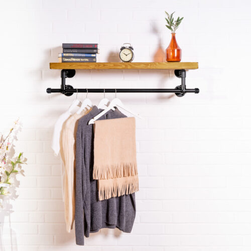 Powder-Coated-Hanging-Clothes-Rail-with-Deep-Solid-Wood-Shelf-2