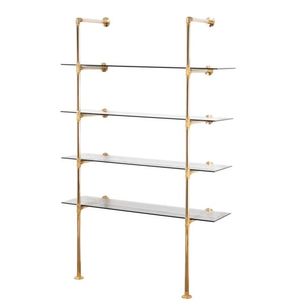 Floor-Mounted-Shelving-Unit-Industrial-Brass-Pipe-with-Tinted-Glass-Shelving