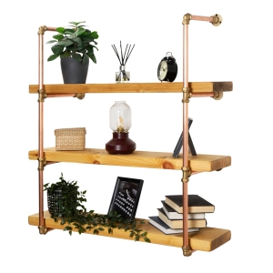 Wall-Mounted-Shelving-Unit-With-Reclaimed-Wooden-Shelves-Copper-Pipe-Style