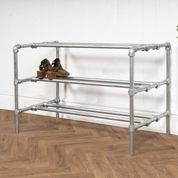 Three-Tiered-Shoe-Rack-Industrial-Silver-Key-Clamp-Pipe-Style-2