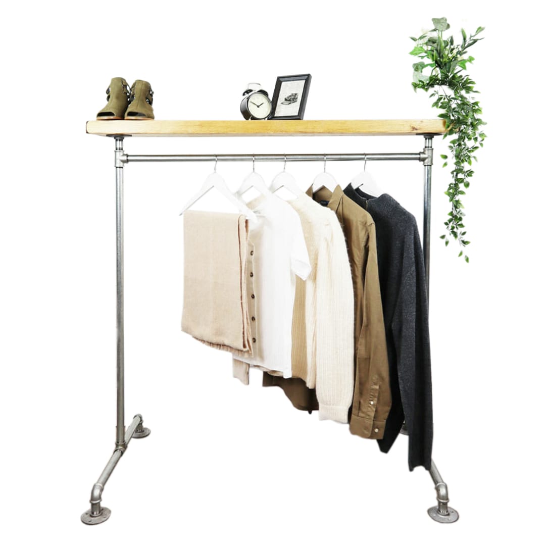 Raw Steel And Brass Clothes Rail with Long Reclaimed Timber Shelving - Pipe  Dream Furniture