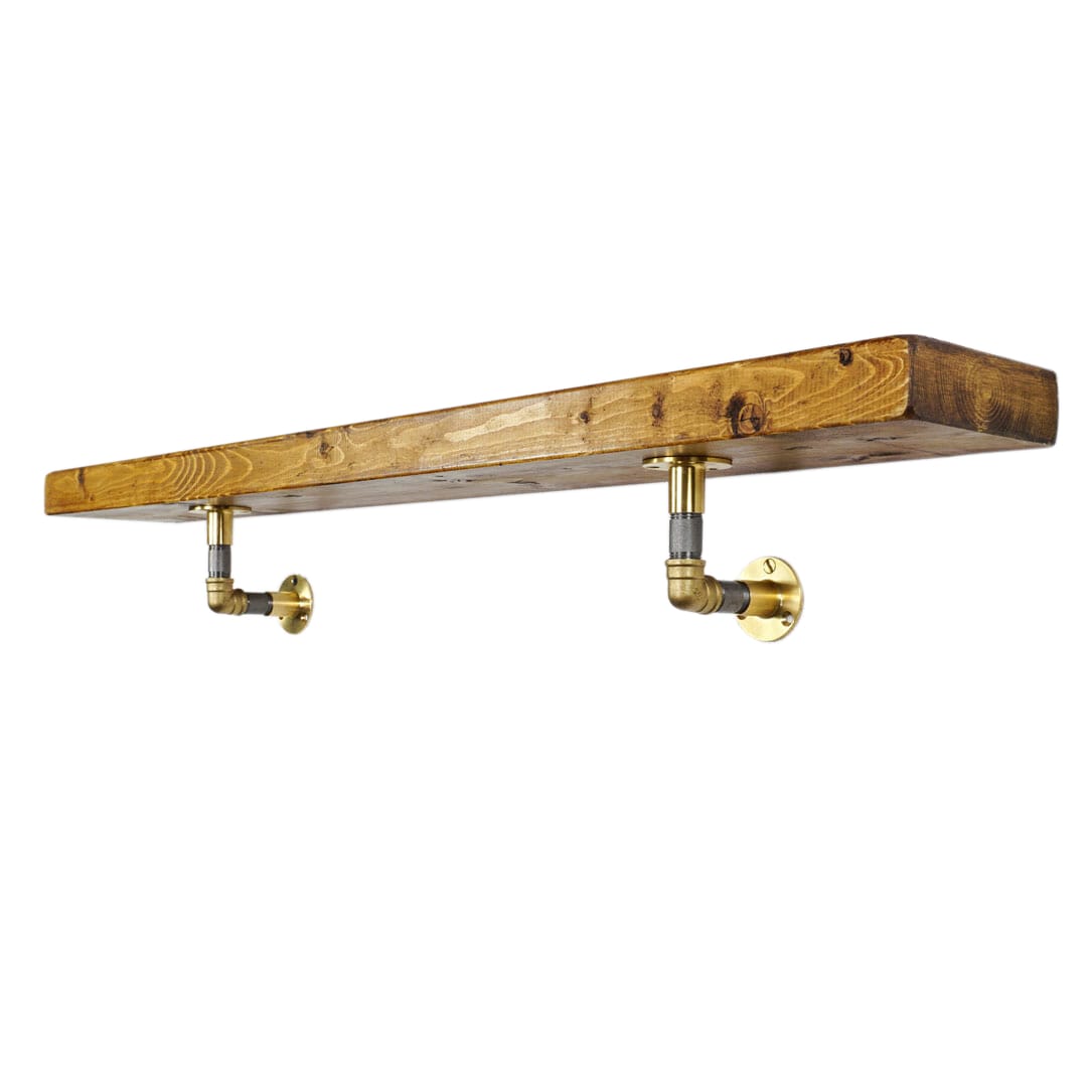 Industrial Brass Pipe Shelf Bracket Holder Elbow Style pair 