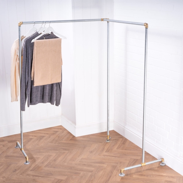 Free-Standing-Corner-Clothes-Rail-Industrial-Silver-and-Brass-Pipe-Style-1